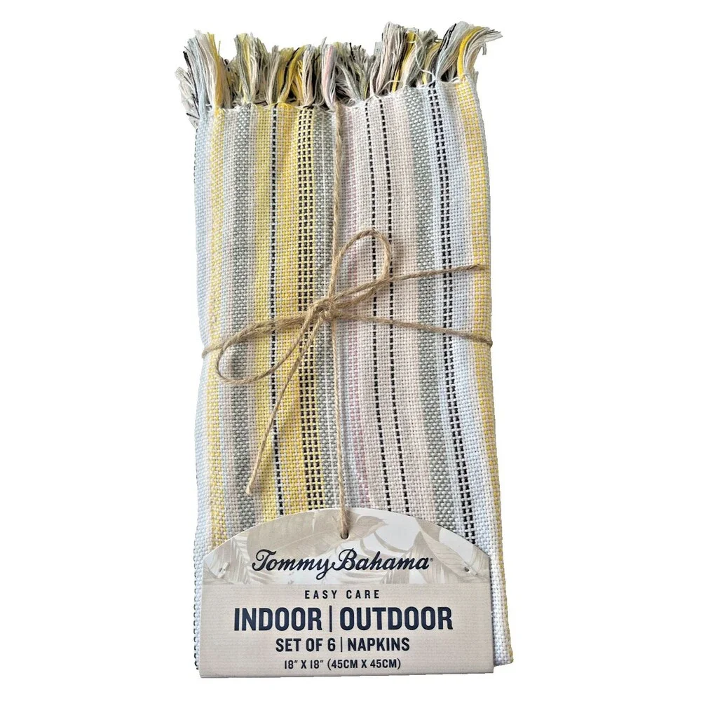 Tommy Bahama Napkins Striped Blue Yellow Tan Beach 18X18 Indoor Outdoor Set Of 6